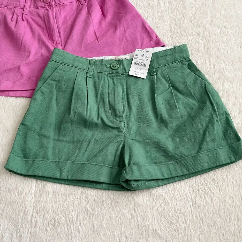 Crewcuts Girls Chino Shorts Bundle Kids Size 8 Green Pink Adjustable Waist